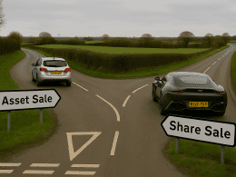 Asset sale vs share sale illustrated by a photorealistic UK countryside Y-junction, with road signs on grass verges reading “Asset Sale” to the left and “Share Sale” to the right. A silver Ford Focus turns left towards Asset Sale, while a dark grey Aston Martin sports car takes the right fork towards Share Sale, with UK road markings and hedgerows under an overcast sky.